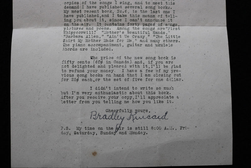 1930'S BRADLEY KINCAID FOLK SINGER TYPED LETTER - K 2763