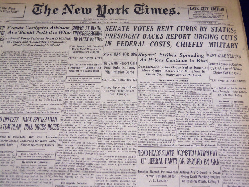 1946 JULY 12 NEW YORK TIMES - SENATE VOTES RENT CURBS BY STATES - NT 2341