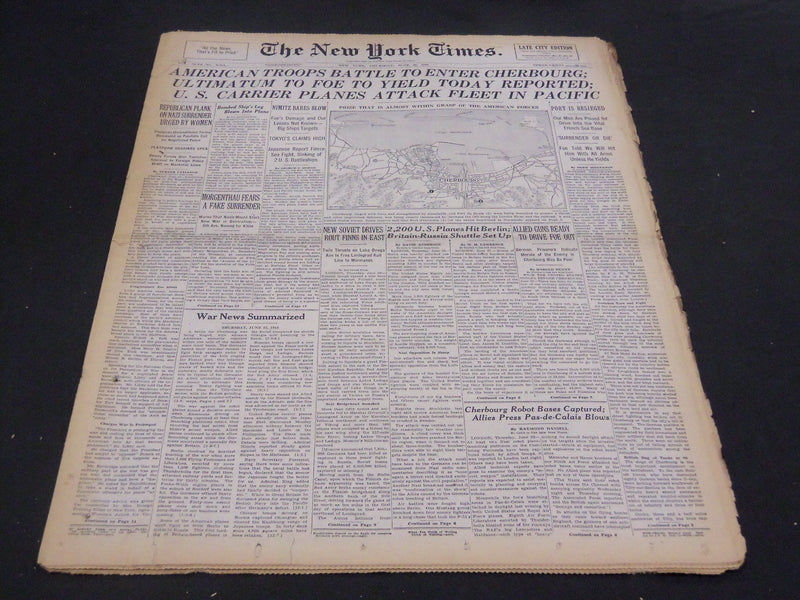 1944 JUNE 22 NEW YORK TIMES - AMERICAN TROOPS TO ENTER CHERBOURG - NT 4332