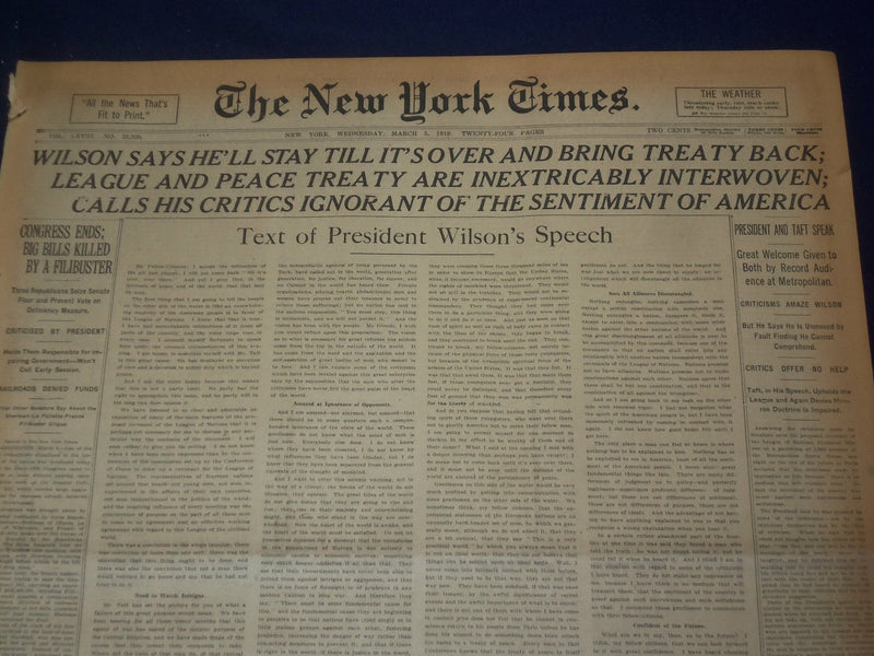 1919 MARCH 5 NEW YORK TIMES - WILSON SAYS HE'LL STAY TILL IT'S OVER - NT 9266