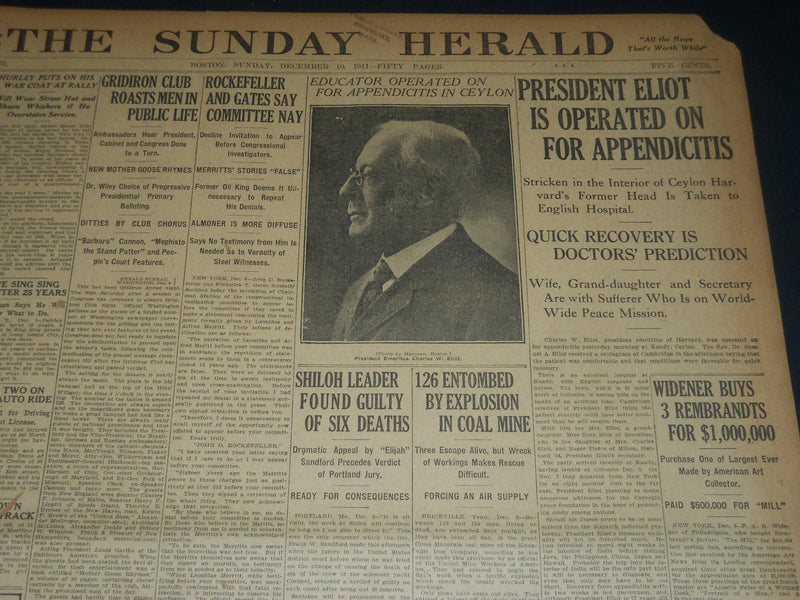 1911 DECEMBER 10 THE BOSTON HERALD - PRESIDENT ELIOT IS OPERATED - BH 183