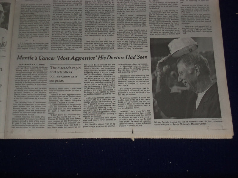1995 AUG 14 THE NEW YORK TIMES-MICKEY MANTLE DIED- LOSES CANCER BATTLE - NP 3019