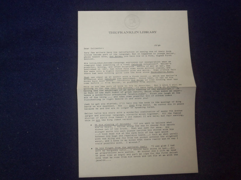 1984 GOD KNOWS HARDCOVER BOOK BY JOSEPH HELLER - SIGNED 1ST EDITION - KD 8986