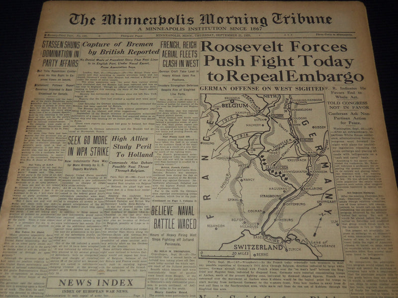 1939 SEPT 21 MINNEAPOLIS MORNING TRIBUNE - ROOSEVELT FORCES PUSH FIGHT - NT 9537