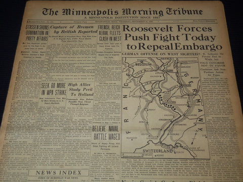 1939 SEPT 21 MINNEAPOLIS MORNING TRIBUNE - ROOSEVELT FORCES PUSH FIGHT - NT 9537