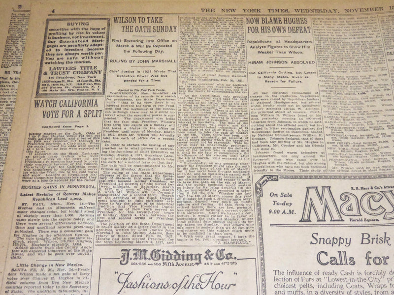 1916 NOVEMBER 15 NEW YORK TIMES - ELECTORAL SYSTEM WRONG SAY BRYAN - NT 7730
