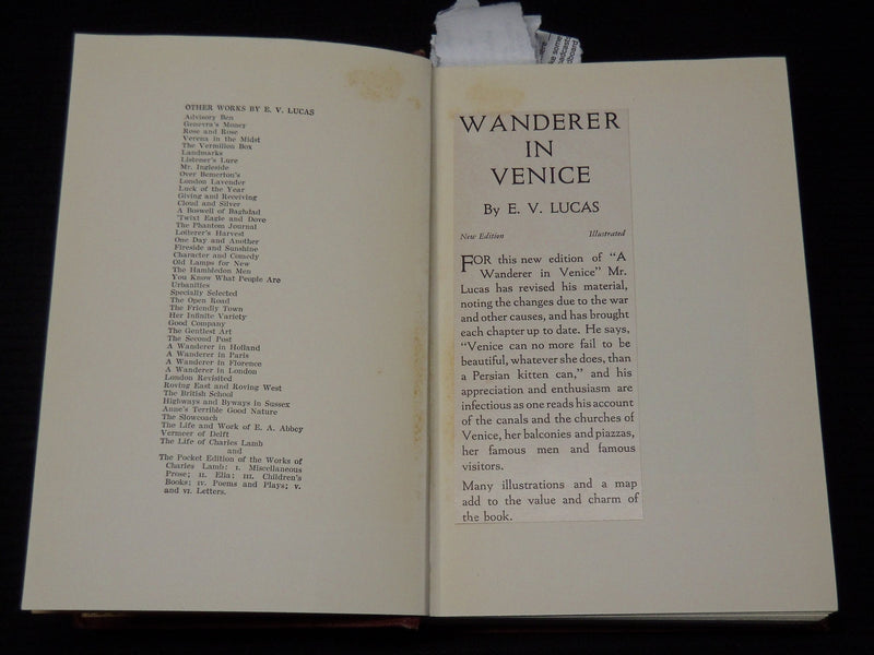 1927 A WANDERER IN VENICE HARDCOVER BOOK BY E. V. LUCAS - KD 9401