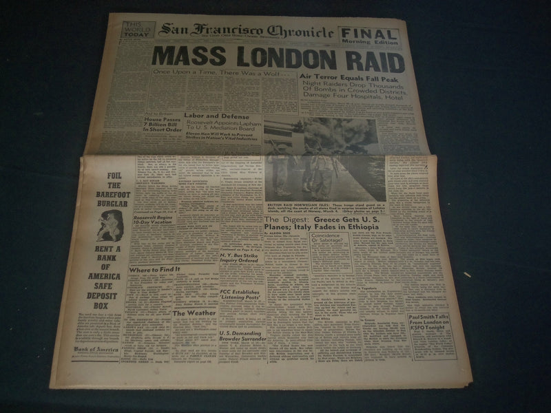 1941 MARCH 20 SAN FRANCISCO CHRONICLE - MASS LONDON RAID - SUPERMAN - NP 3631