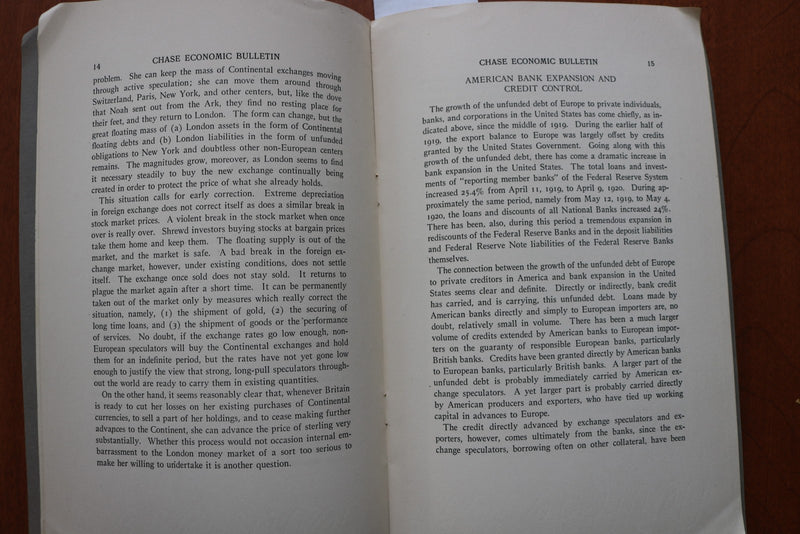 1920 OCTOBER 5 THE CHASE ECONOMIC BULLETIN - VOL 1, NO 1- SOFTCOVER BOOK- K 3183