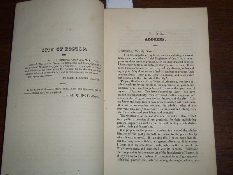 1824 FANEUIL HALL ADDRESS BY JOSIAH QUINCY - BOARD OF ALDERMEN - K 1187