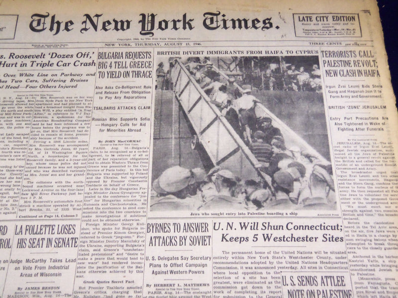 1946 AUG 15 NEW YORK TIMES - BRITISH DIVERT IMMIGRANTS HAIFA TO CYPRUS- NT 2344