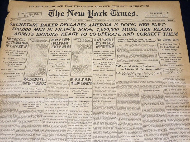 1918 JANUARY 29 NEW YORK TIMES - BAKER SAYS AMERICA DOING HER PART - NT 7930