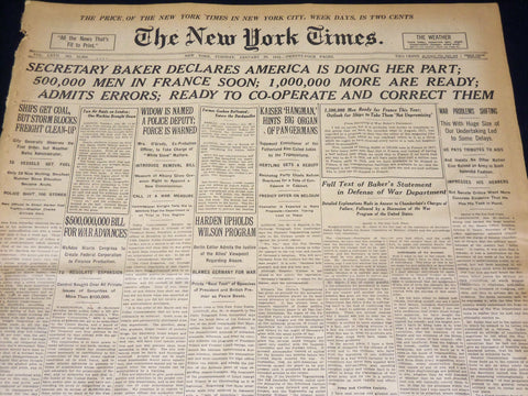 1918 JANUARY 29 NEW YORK TIMES - BAKER SAYS AMERICA DOING HER PART - NT 7930