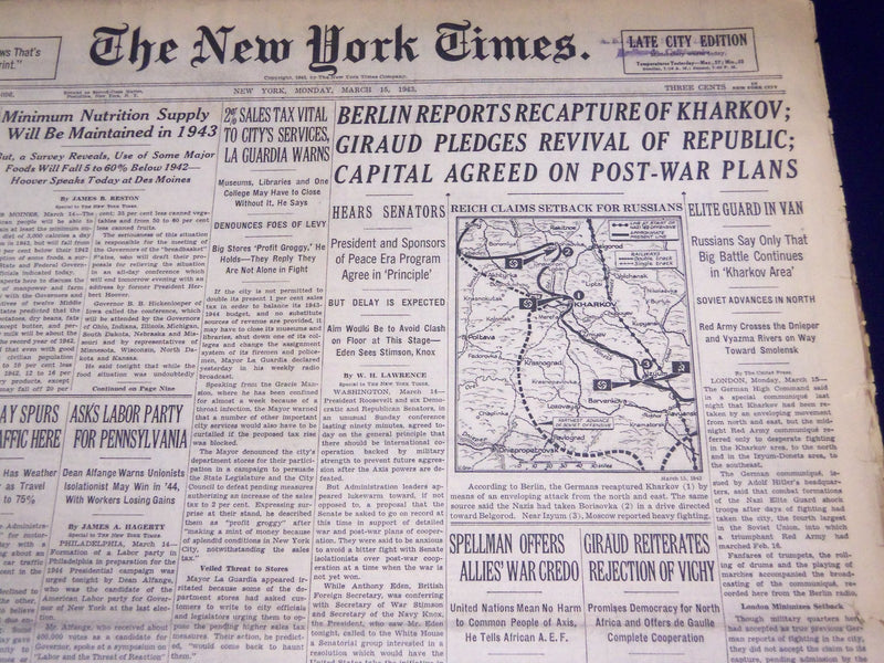 1943 MAR 15 NEW YORK TIMES - BERLIN REPORTS RECAPTURE OF KHARKOV - NT 1043