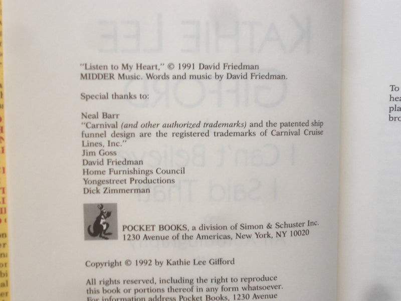 1991 CAN'T BELIEVE I SAID THAT HARDCOVER BOOK-KATHIE LEE GIFFORD-SIGNED- KD 9319