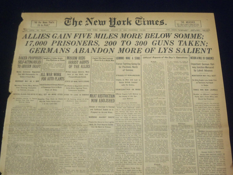 1918 AUGUST 10 NEW YORK TIMES - ALLIES GAIN FIVE MILES MORE - NT 9190