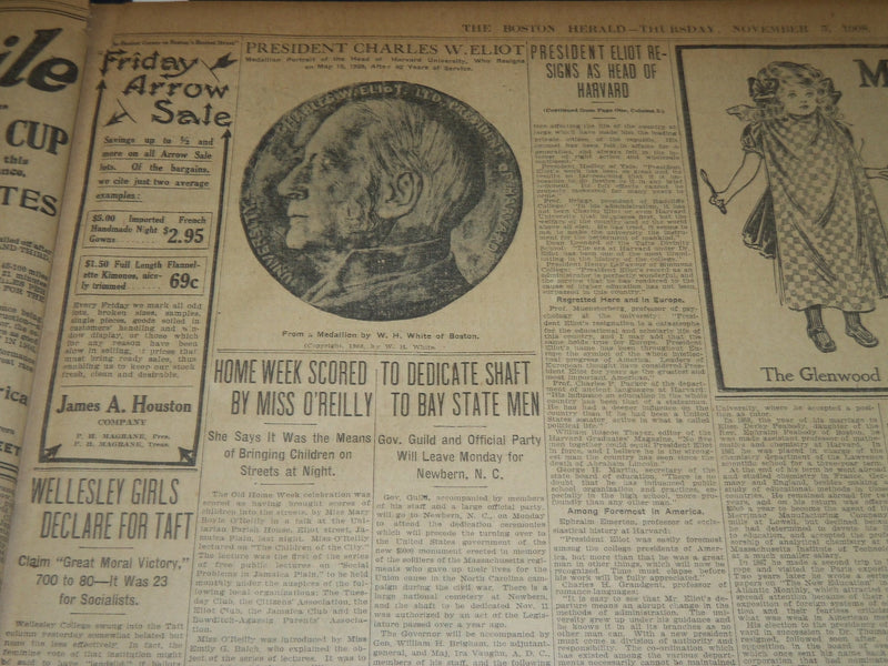 1908 NOVEMBER 5 THE BOSTON HERALD - MAJORITY FOR TAFT - ELIOT RESIGNS - BH 242