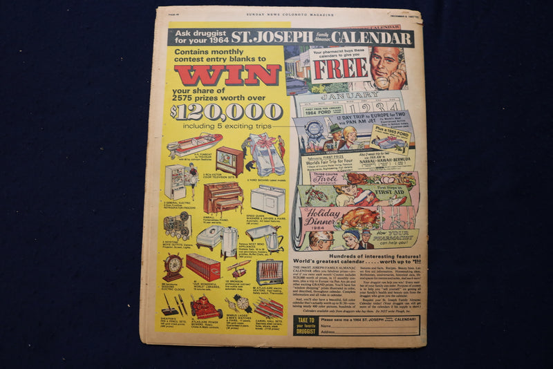 1963 DEC 8 SUNDAY NEWS COLOROTO MAGAZINE-FLORENCE HENDERSON-JFK-BEATLES- E 23205