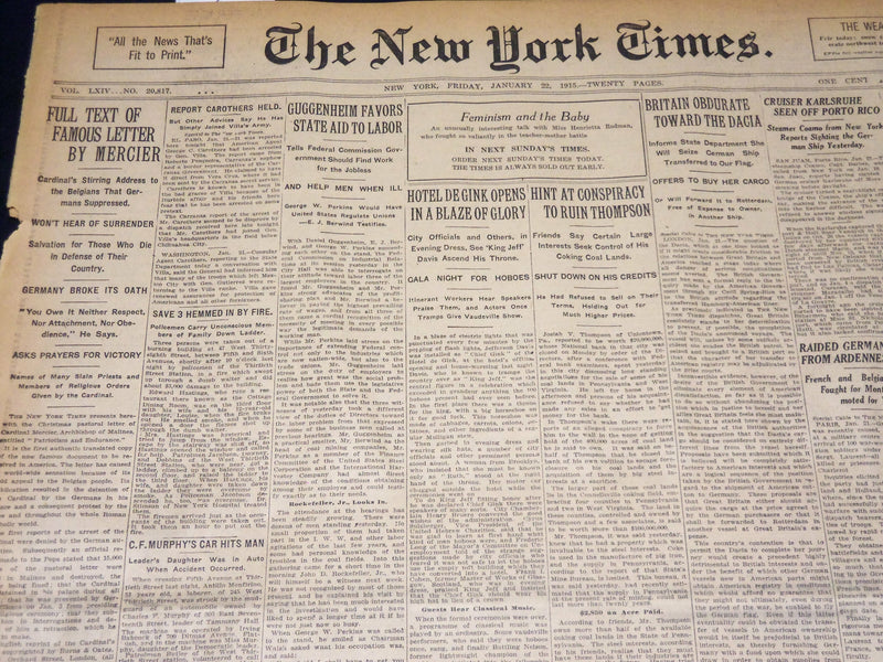 1915 JANUARY 22 NEW YORK TIMES NEWSPAPER - TEXT OF LETTER BY MERCIER - NT 7833