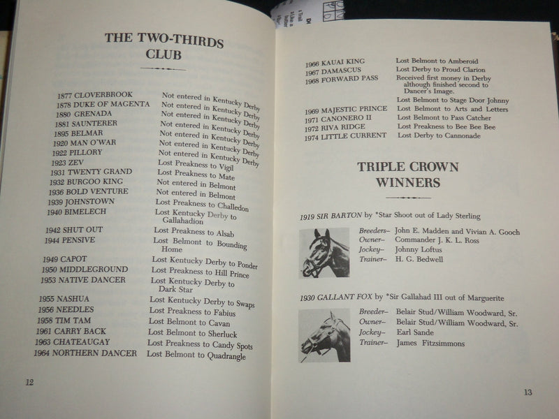 1975 THE TRIPLE CROWN WINNERS HARDCOVER BOOK - RACE HORSES - KD 6857