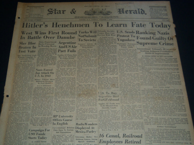 1946 OCT 1 PANAMA STAR & HERALD NEWSPAPER - HITLER'S HENCHMEN TO LEARN - NT 7540