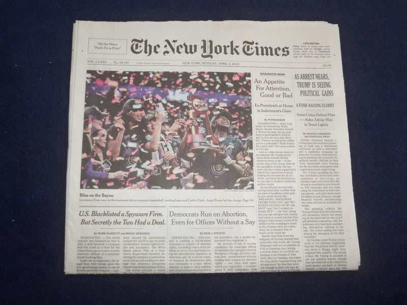 2023 APRIL 3 NEW YORK TIMES - AS ARREST NEARS, TRUMP IS SEEING POLITICAL GAINS