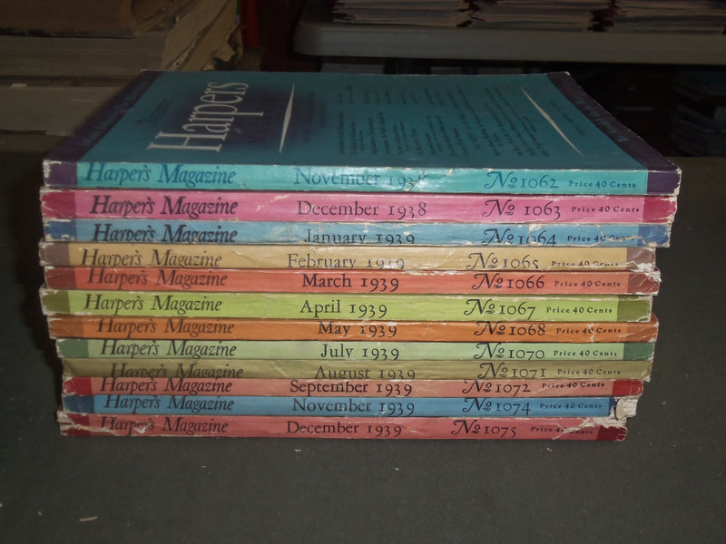 1938-39 HARPER'S MONTHLY MAGAZINE - LOT OF 12- STORIES & ILLUSTRATIONS- WR 1000B