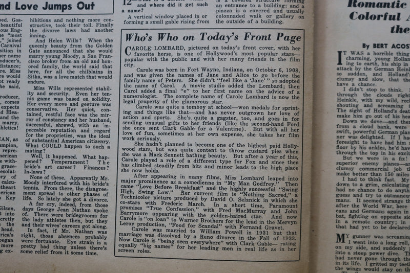 1937 DEC 12 SUNDAY MIRROR NEWSPAPER MAGAZINE SECTION - CAROLE LOMBARD - NP 9070