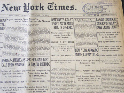 1921 FEBRUARY 17 NEW YORK TIMES - CARUSO UNCHANGED RELAPSE SEEMS REMOTE- NT 5472