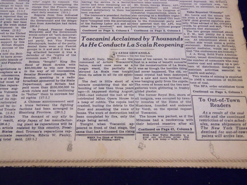 1946 MAY 12 NEW YORK TIMES - TO SCANINI CONDUCTS LA SCALA REOPENING - NT 2327