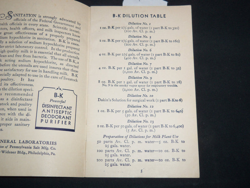 1920'S B-K BACILI-KIL DISINFECTANT SANITATION DIRECTIONS GUIDE - J 9168