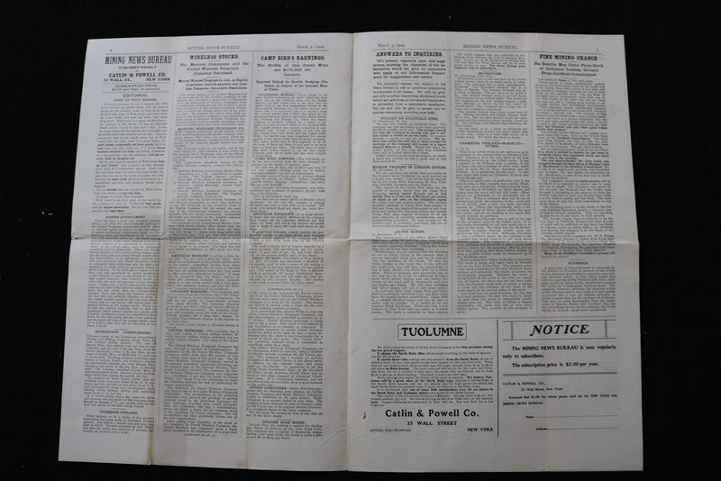 1909 MARCH 5 MINING NEWS BUREAU NEWSPAPER - CATLIN & POWELL CO. - K 2946