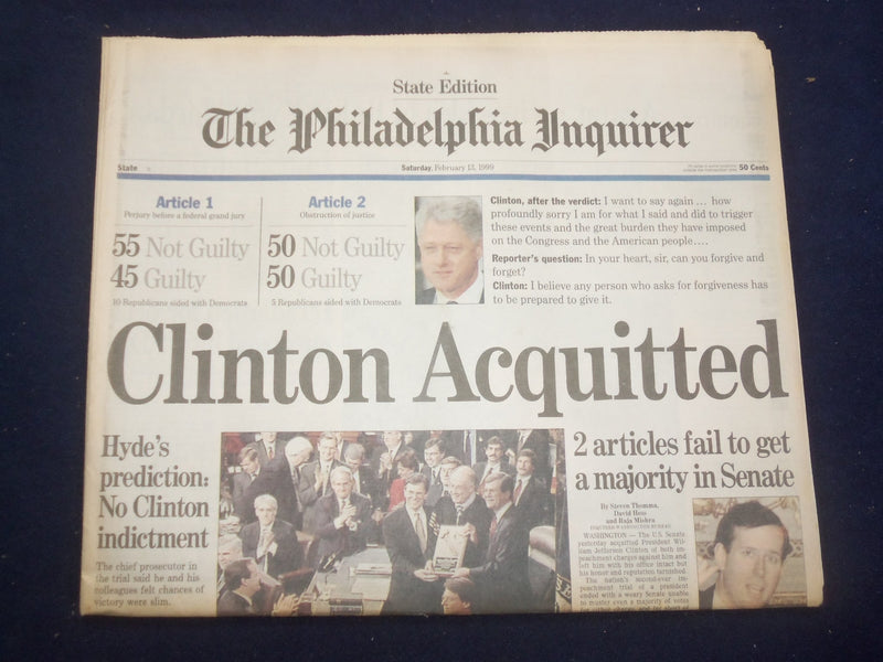 1999 FEBRUARY 13 PHILADELPHIA INQUIRER - CLINTON ACQUITTED - NP 7182