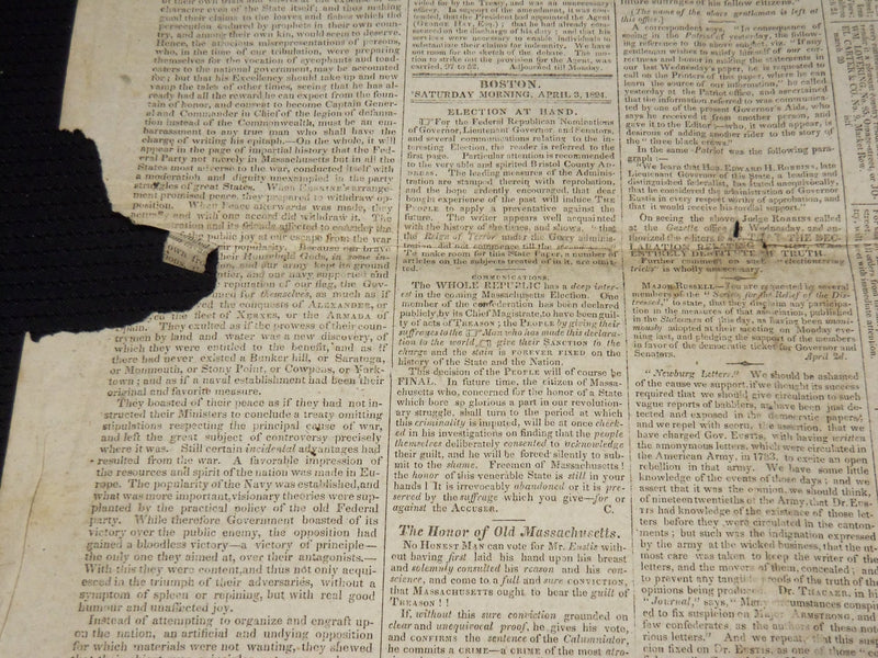1824 APRIL 3 COLUMBIAN CENTINEL NEWSPAPER - GREAT ELECTION AT HAND - NP 3878H