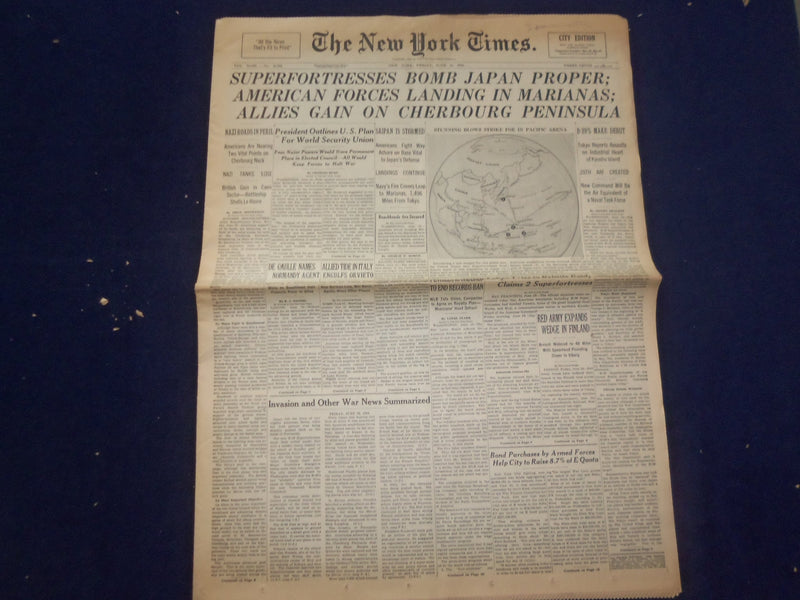 1944 JUNE 16 NEW YORK TIMES - SUPERFORTRESSES BOMB JAPAN PROPER - NP 6569