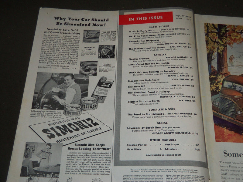 1942 SEPT 19 THE SATURDAY EVENING POST MAGAZINE - ILLUSTRATED COVER - SP 391