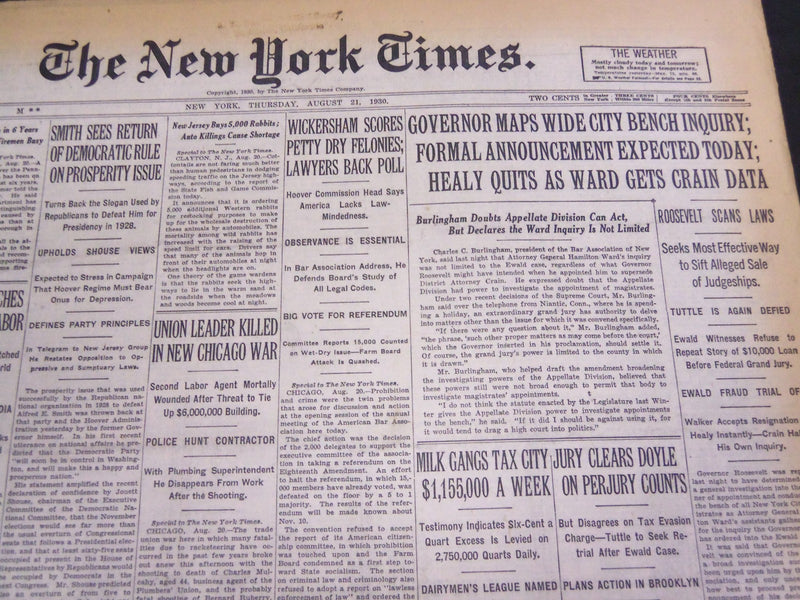 1930 AUGUST 21 NEW YORK TIMES - GOVERNOR MAPS CITY BENCH INQUIRY - NT 4196