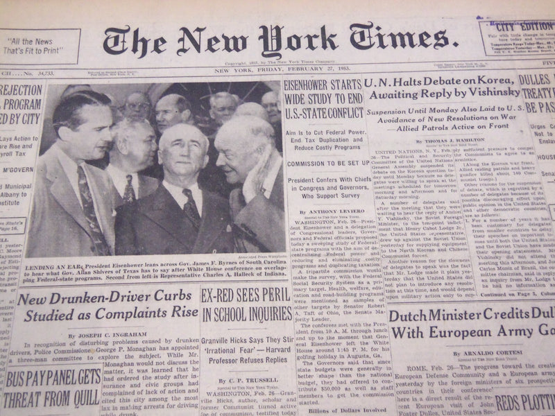 1953 FEBRUARY 27 NEW YORK TIMES - U. N. HALTS DEBATE ON KOREA - NT 4446
