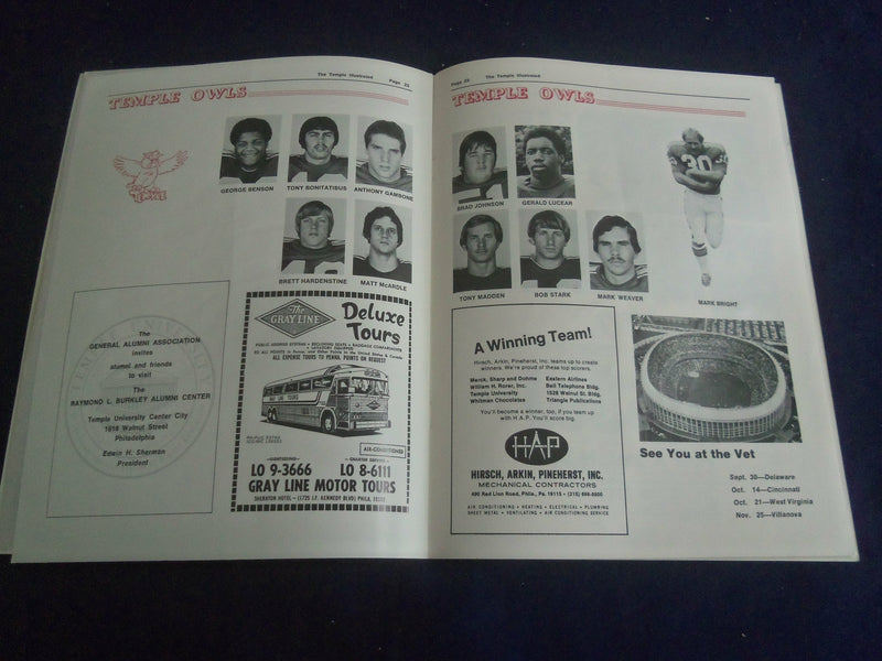 1978 SEP 1 FOOTBALL PROGRAM - TEMPLE UNIVERSITY VS PENN STATE UNIV - SP 1214G