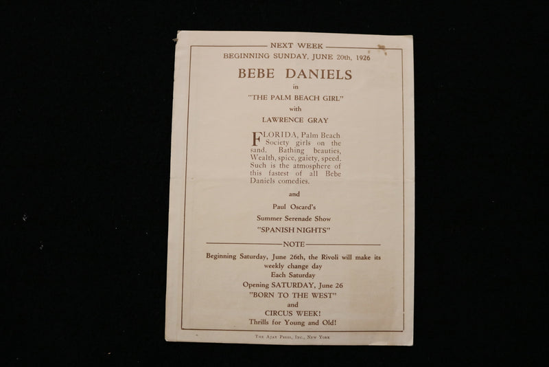 1926 JUNE 13 THE THEATER RIVOLI PROGRAM & TICKET STUBS- ARLETTE MARCHAL - K 1914