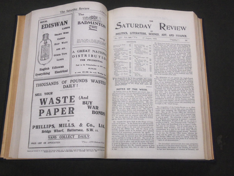 1918 SATURDAY REVIEW 2 BOUND VOLUMES - COMPLETE YR- PUBLISHED IN LONDON - R 1118