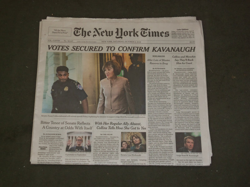 2018 OCTOBER 6 NEW YORK TIMES - VOTES SECURED TO CONFIRM BRETT KAVANAUGH