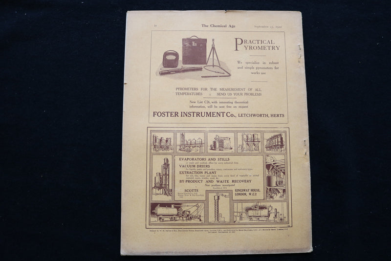 1922 SEPTEMBER 23 THE CHEMICAL AGE MAGAZINE - CHAS. PAGE & CO. COVER - SP 4924M