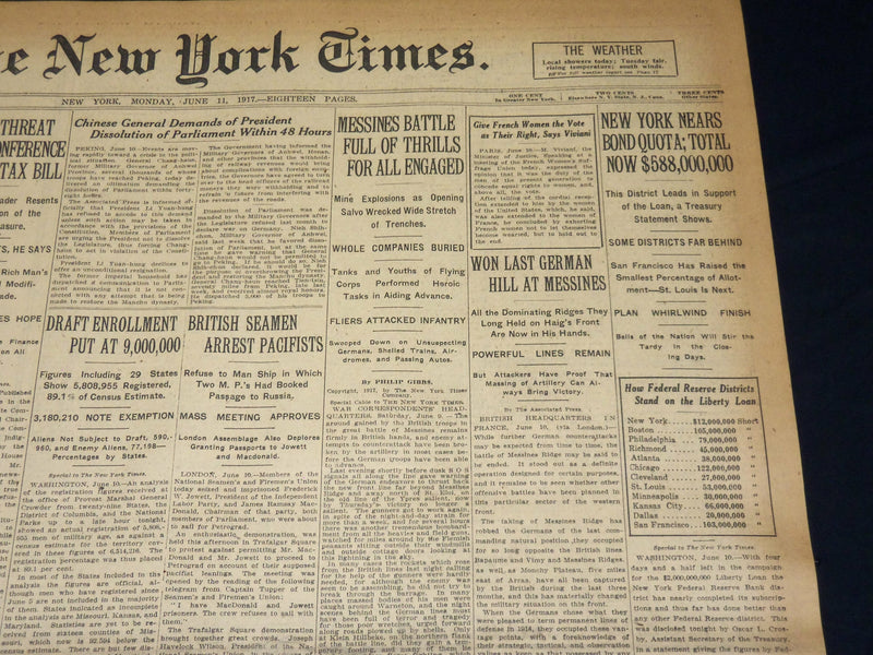 1917 JUNE 11 NEW YORK TIMES NEWSPAPER - NEW YORK NEARS BOND QUOTA - NT 7792