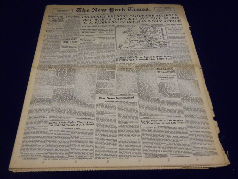 1944 FEB 23 NEW YORK TIMES - U. S. FLIERS BLAST REICH IN 2 WAY ATTACK - NT 1596