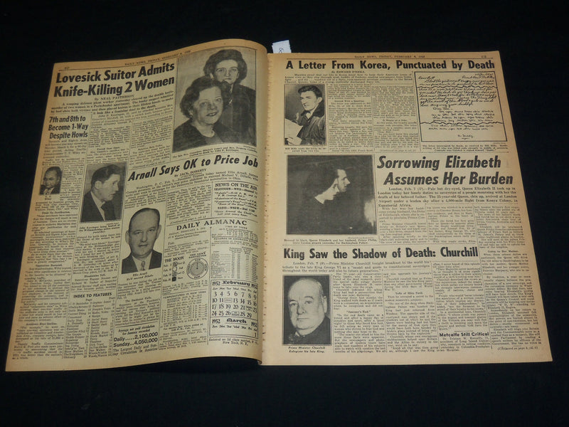 1952 FEBRUARY 8 NEW YORK DAILY NEWS - DRY-EYED QUEEN GOES TO WORK - NP 5403