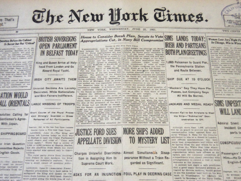 1921 JUNE 22 NEW YORK TIMES - ADMIRAL SIMS LANDS TODAY - NT 5487