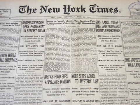 1921 JUNE 22 NEW YORK TIMES - ADMIRAL SIMS LANDS TODAY - NT 5487