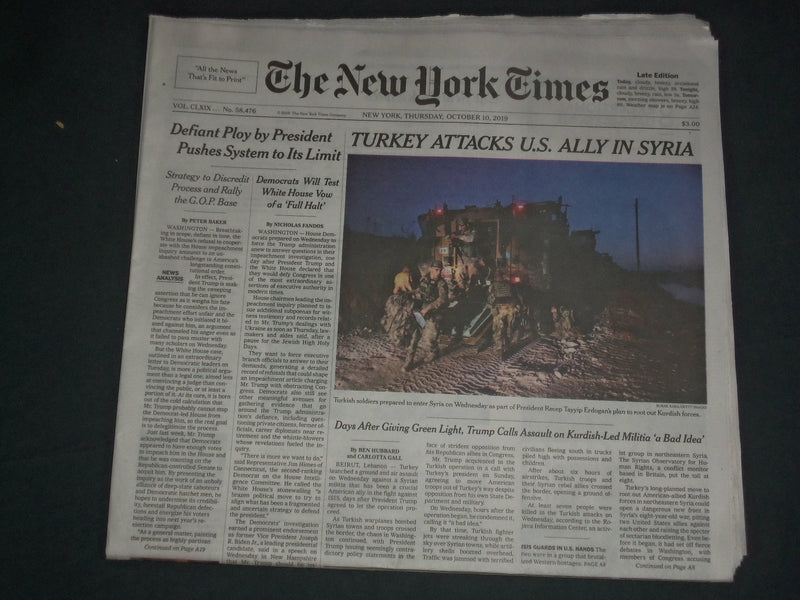 2019 OCTOBER 10 NEW YORK TIMES - TURKEY ATTACKS U.S. ALLY IN SYRIA