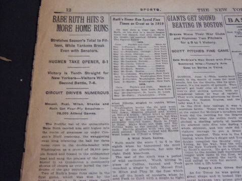 1920 JUNE 3 NEW YORK TIMES - BABE RUTH HITS 3 MORE HOME RUNS - NT 6943